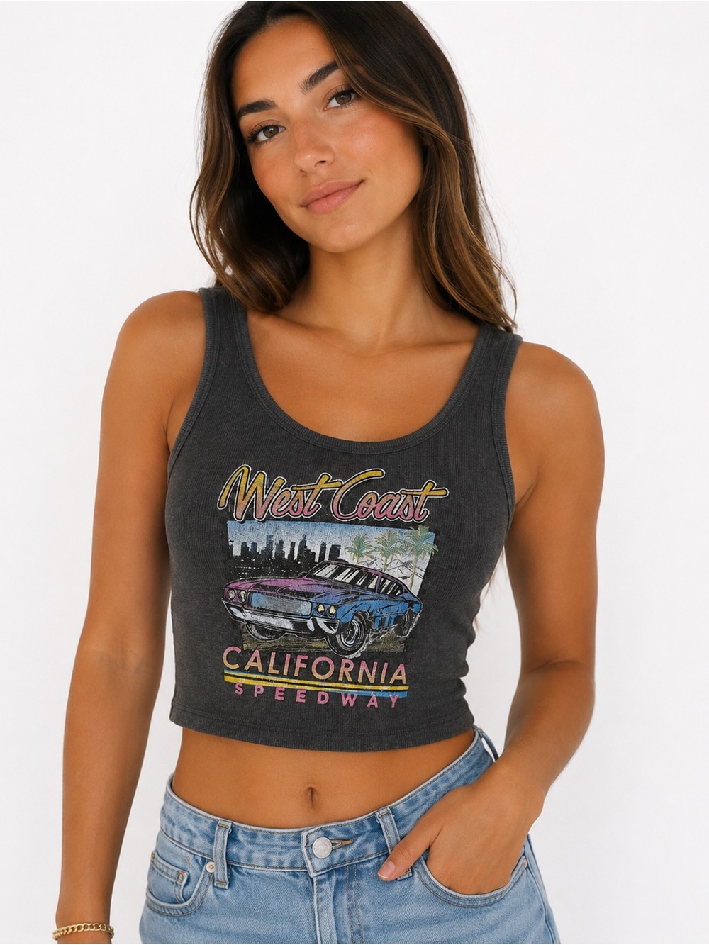 Charcoal West Coast California Graphic Crop Tank Top